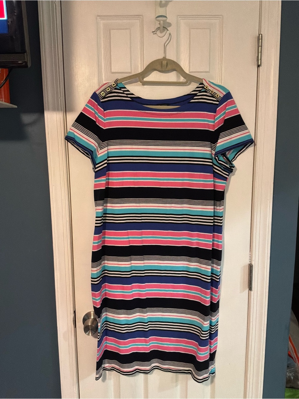 Talbots Striped Short-Sleeve Dress in Pink, Blue, Black